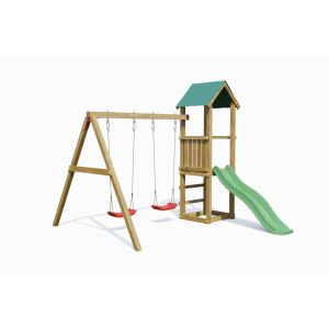 Aire de jeux avec toboggan, double balançoire en bois Lucas de Fungoo