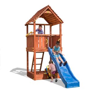 Aire de jeux en bois Epicéa Joy avec toboggan bleu de chez Fungoo