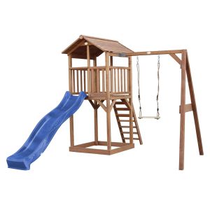 Tour de jeu en bois marron avec grand toboggan  et 1 banaçoire Beach Tower Axi