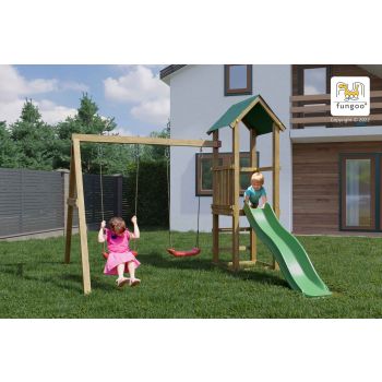 Aire de jeux avec toboggan, double balançoire en bois Lucas de Fungoo