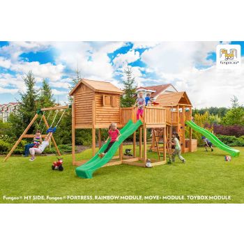 Grande aire de jeux Play Box multiactivités en bois de chez Fungoo