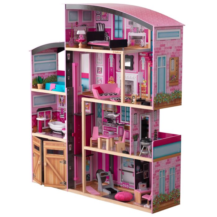 Maison de poupée en bois rose et noire avec son et lumière